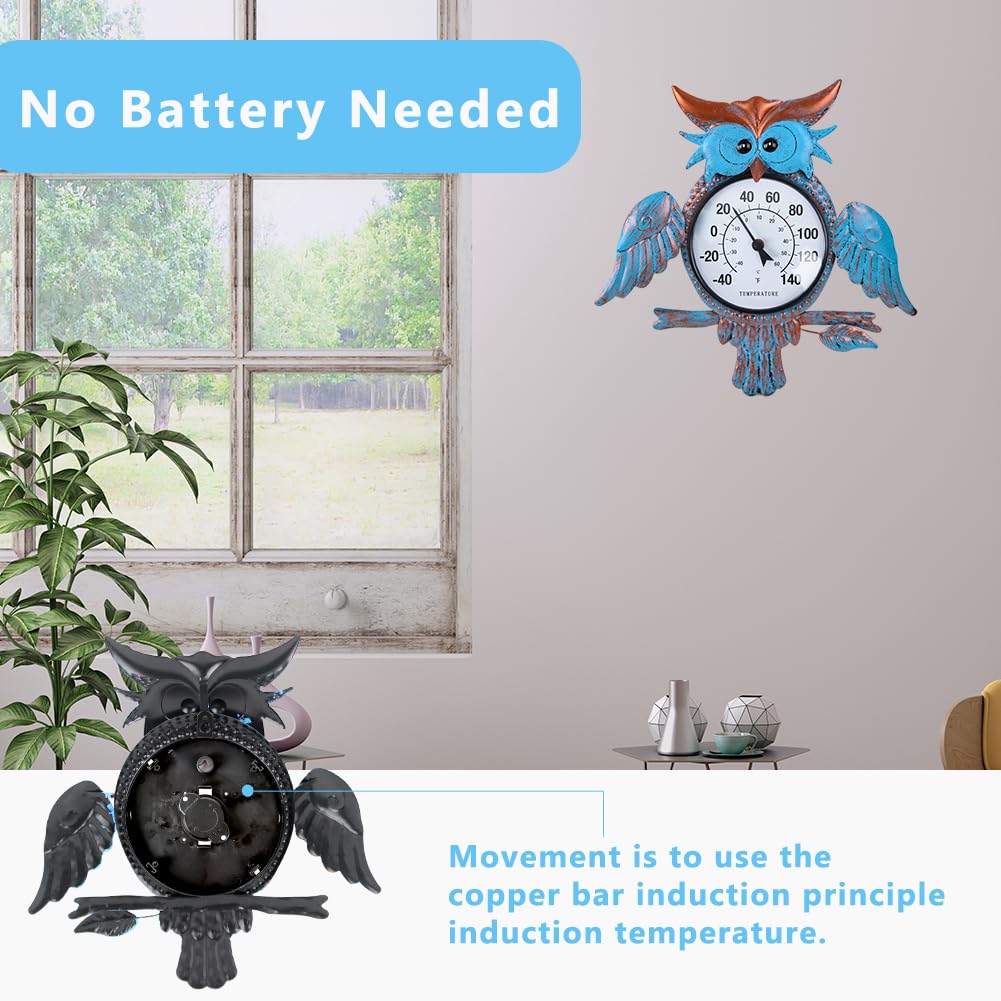HOBYLUBY Indoor Outdoor Thermometer, Owl Wall-Mounted Thermometer Waterproof for Patio Garden Yard & Living Room, No Battery Needed
