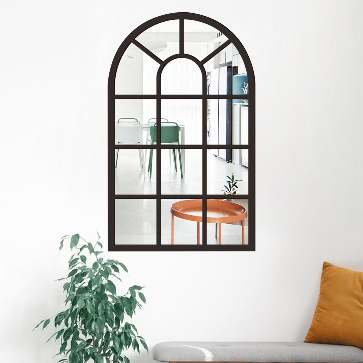 Arched Window Wall Mirror Wall Decorative Mirror Rustic Wood Acrylic Simple Wall Decor Windowpane Arch Mirror for Farmhouse, Black