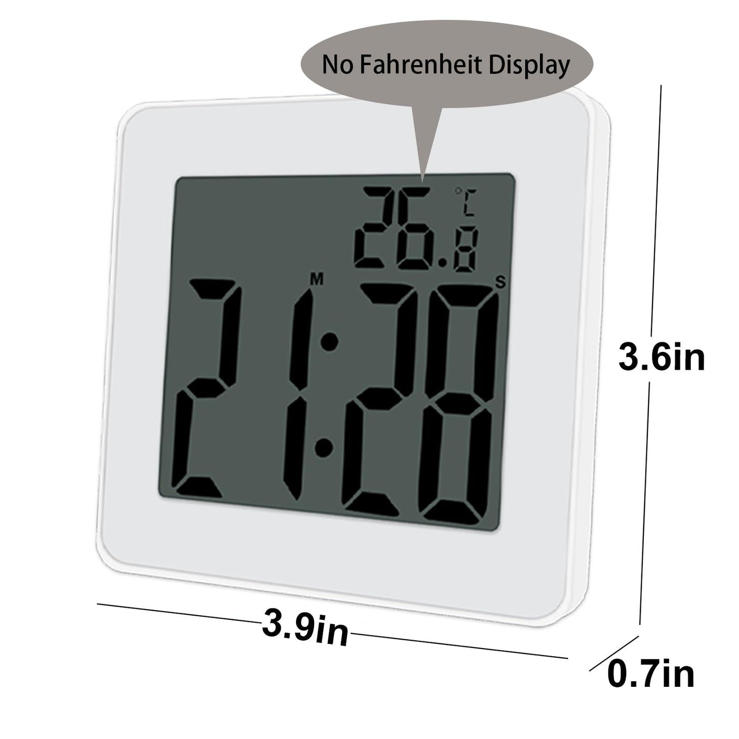 CENTOLLA Digital Shower Clock, Large LCD Display Waterproof Timer for Shower, Suction Cups for Home (White) - Only Military time and ℃ Display