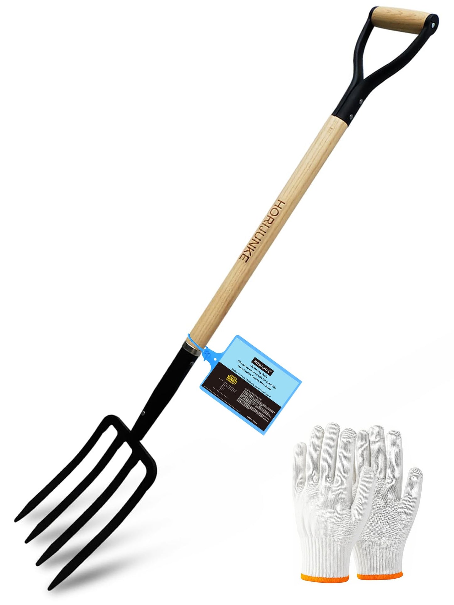 HORIJUNKE Garden Fork,4-Tine Pitchfork,Spading Digging Fork,Forged Steel Y-Grip, Wood Handle,45Inch