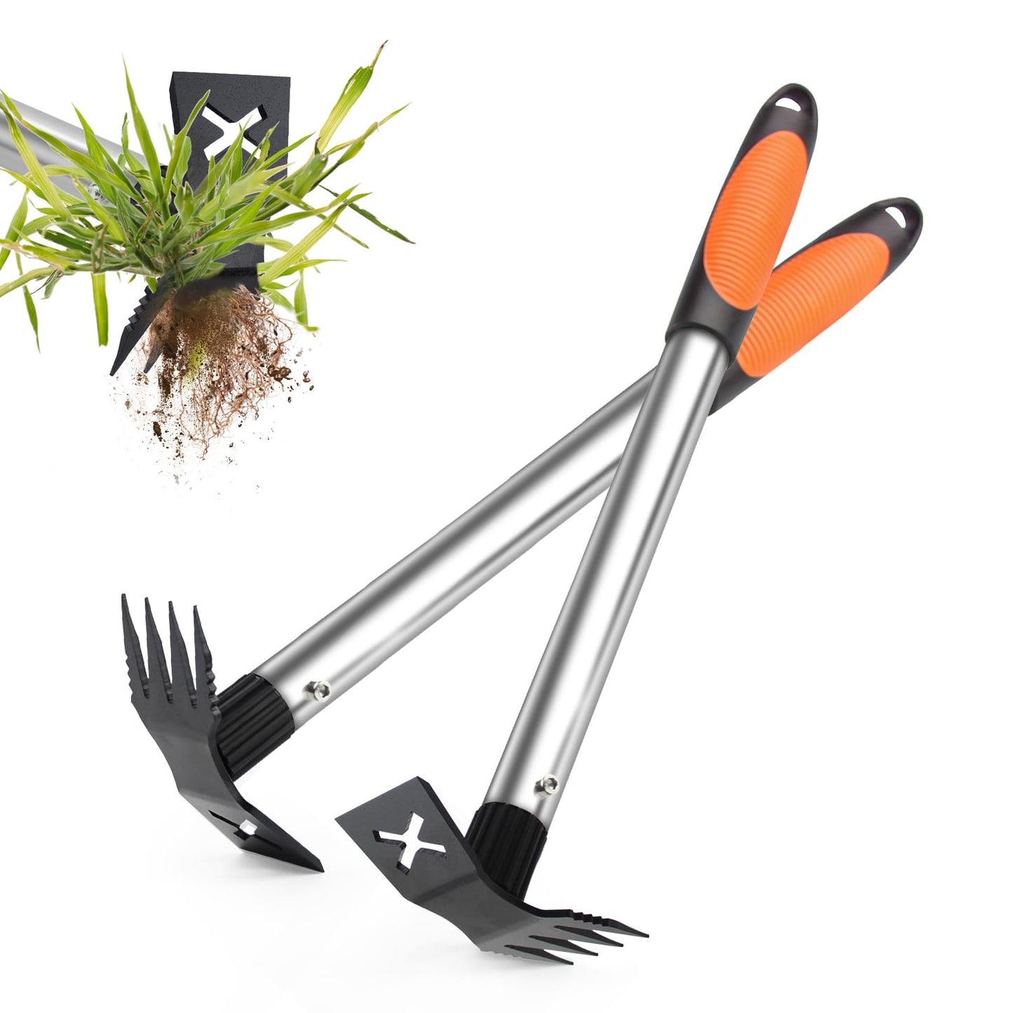 NICOFPHY Weed Puller Tool 2 Pack, 2 in 1 Manual Weeding Rake and Garden Hoe, 17" Uprooting Weeder Remover Tool for Yard Lawn Patio and Garden, Portable Gardening Hand Tools for Veggies Flower Planting