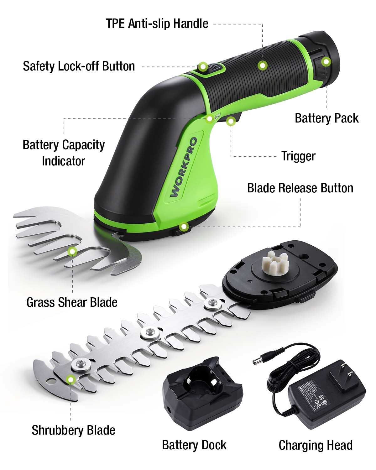 WORKPRO 12V Cordless Grass Shear, 2-in-1 Electric Hedge Trimmer & Grass Cutter, with 2.0Ah Rechargeable Battery, 1-Hour Fast Charger, Lightweight Handheld Bush Trimmer for Lawn and Garden