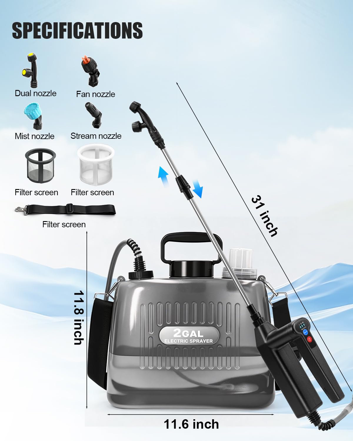 Sylsmart Battery Powered Sprayer 2 Gallon, Electric Weed Sprayer with 3 Adjustable Pressure Levels, 4 Nozzles & Extendable Wand, Rechargeable Garden Sprayer for Yard, Lawn, Plants & Fertilizer