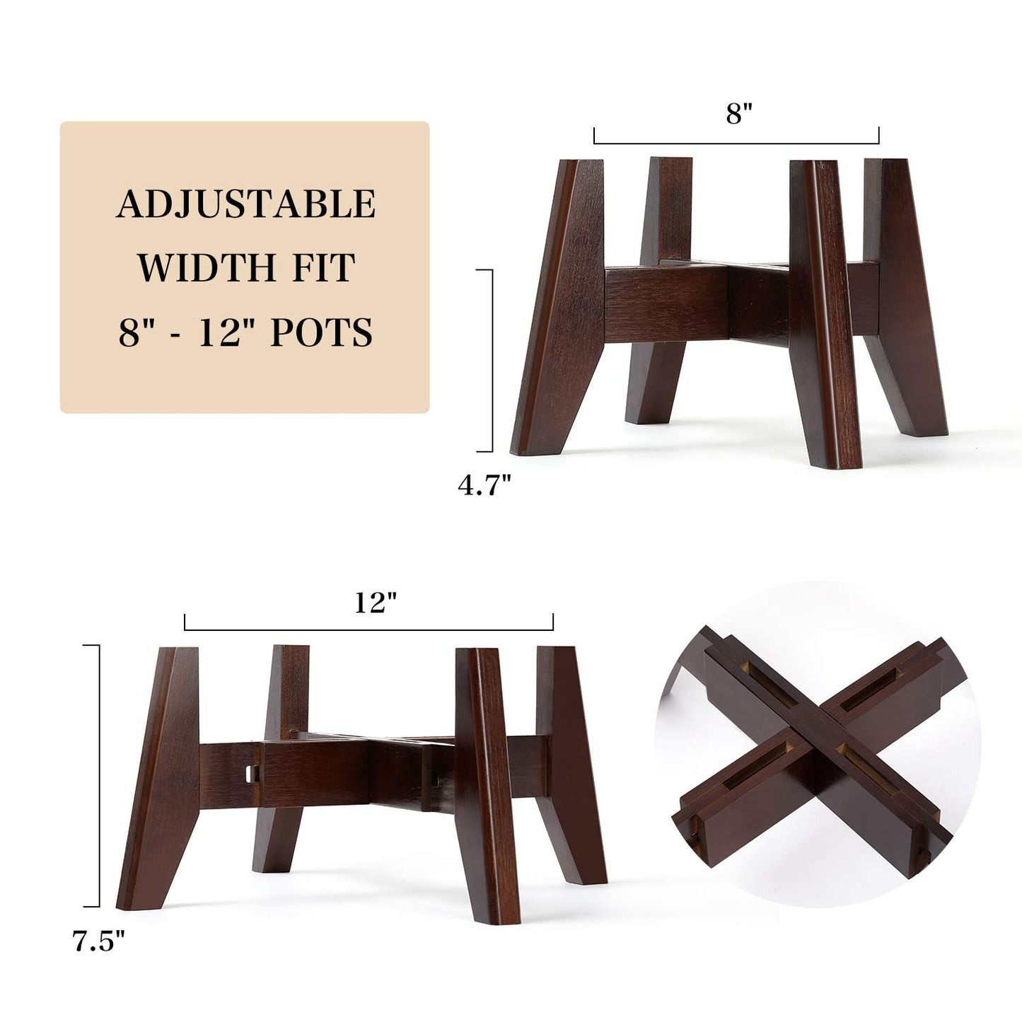 Seanmi Plant Stands for Indoor Plants, Bamboo Plant Stand, Mid Century Plant Holder, Adjustable Width, Fits 8 9 10 11 12 inches Pots - Dark Brown (Planter Stand Only)