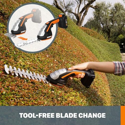 WORX 2 in 1 Cordless Hedge Trimmer, 4" Grass Shear & 8" Shrub Trimmer with 2 Blades, Battery & Charger Included, WG801