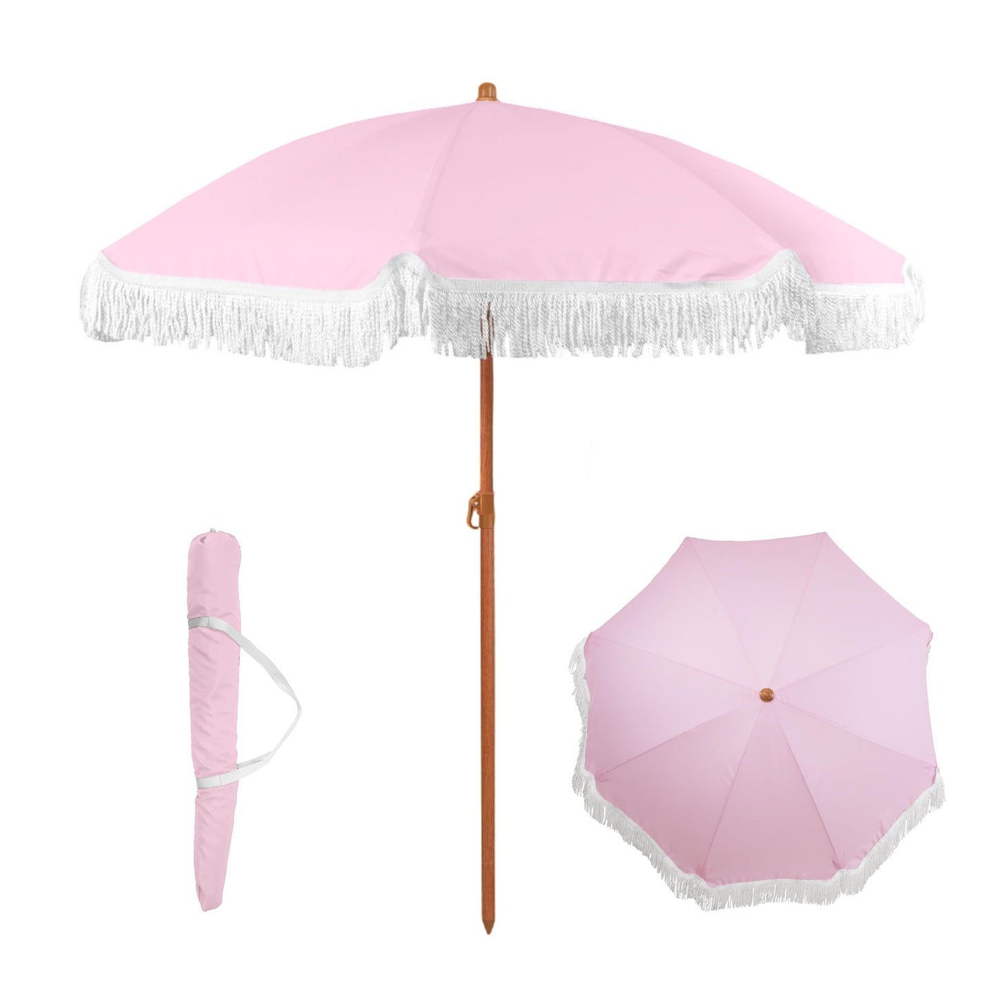 Punchau 6 Ft Fringe Patio Umbrella - Outdoor Umbrella for Patio, Pool, Table, Garden, Deck, and Beach - Push Button Tilt Pole - Fashionable Boho Vintage Tassels and Wood Print - Pink