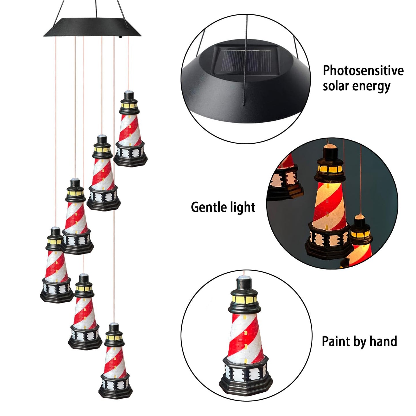 Lighthouse Solar Windchimes Outdoor Lighthouse Decorative Wind Chimes Solar Hanging Lighthouse Outdoor Garden Lighthouse（Red）