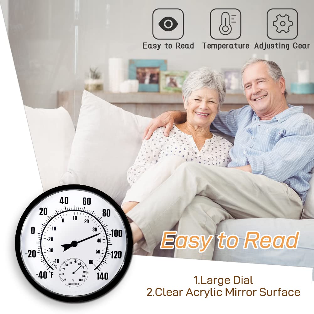 HOBYLUBY Indoor Outdoor Thermometer，Large Wall-Mounted Thermometer with Humidity, Easy to Read Decorative Outside Thermometer for Patio, Garden, No Require Batteries(Black)