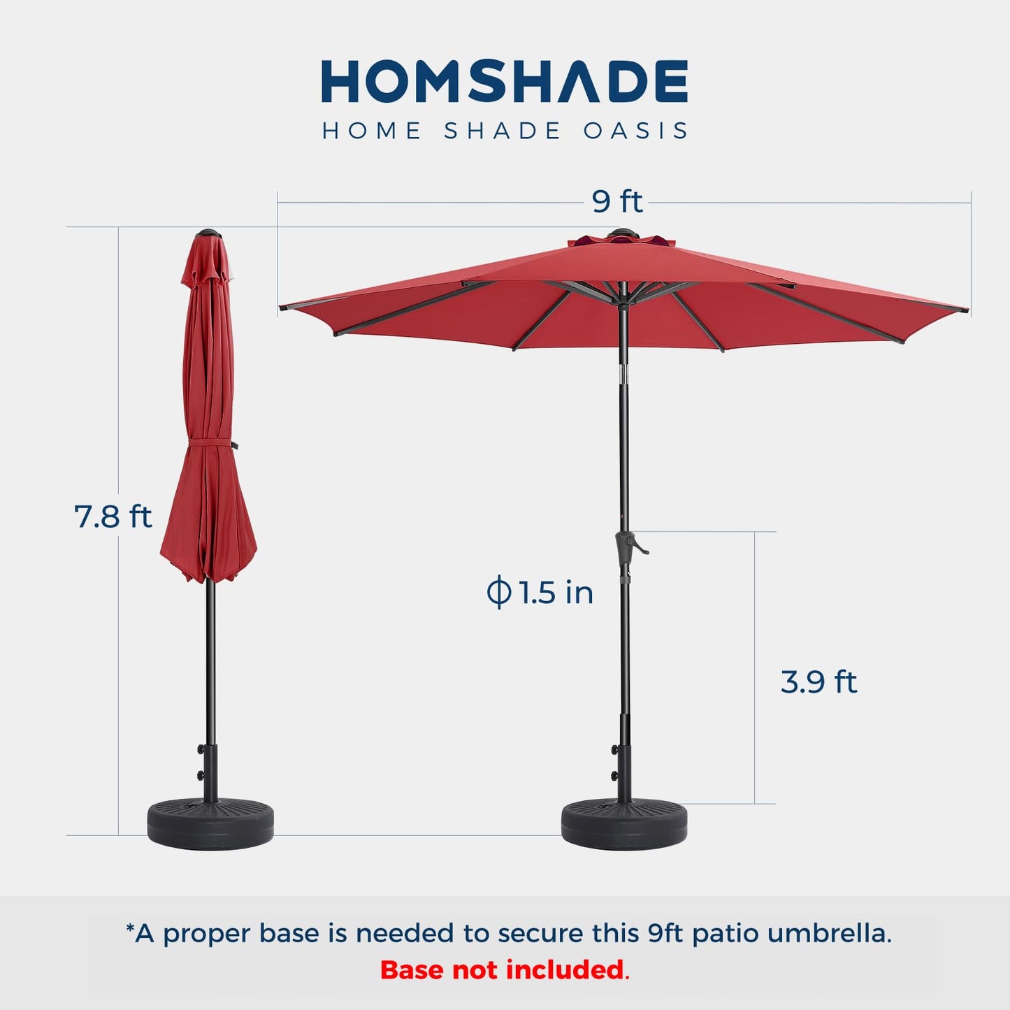 HOMSHADE 9ft Outdoor Patio Umbrella - Market Table Pool Deck Umbrella UPF50+ UV Protection with Push Button Tilt, Crank and 8 Sturdy Ribs (Red, No base)