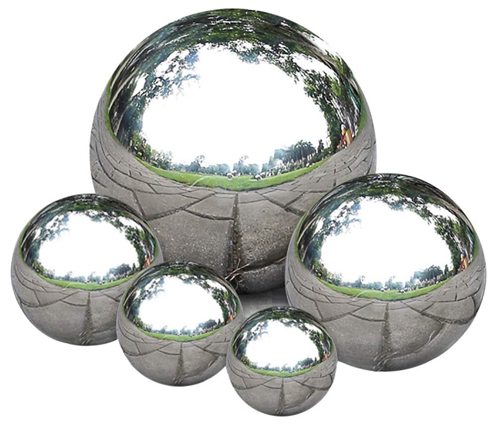 Nerien Gazing Ball, Stainless Steel Garden Mirror Globe, Polished Ornament Sphere, Hollow Floating Reflective Hemisphere, for Home Outdoor Pond Housewarming Swimming Pool Decoration, Silver, 5Pcs Mix