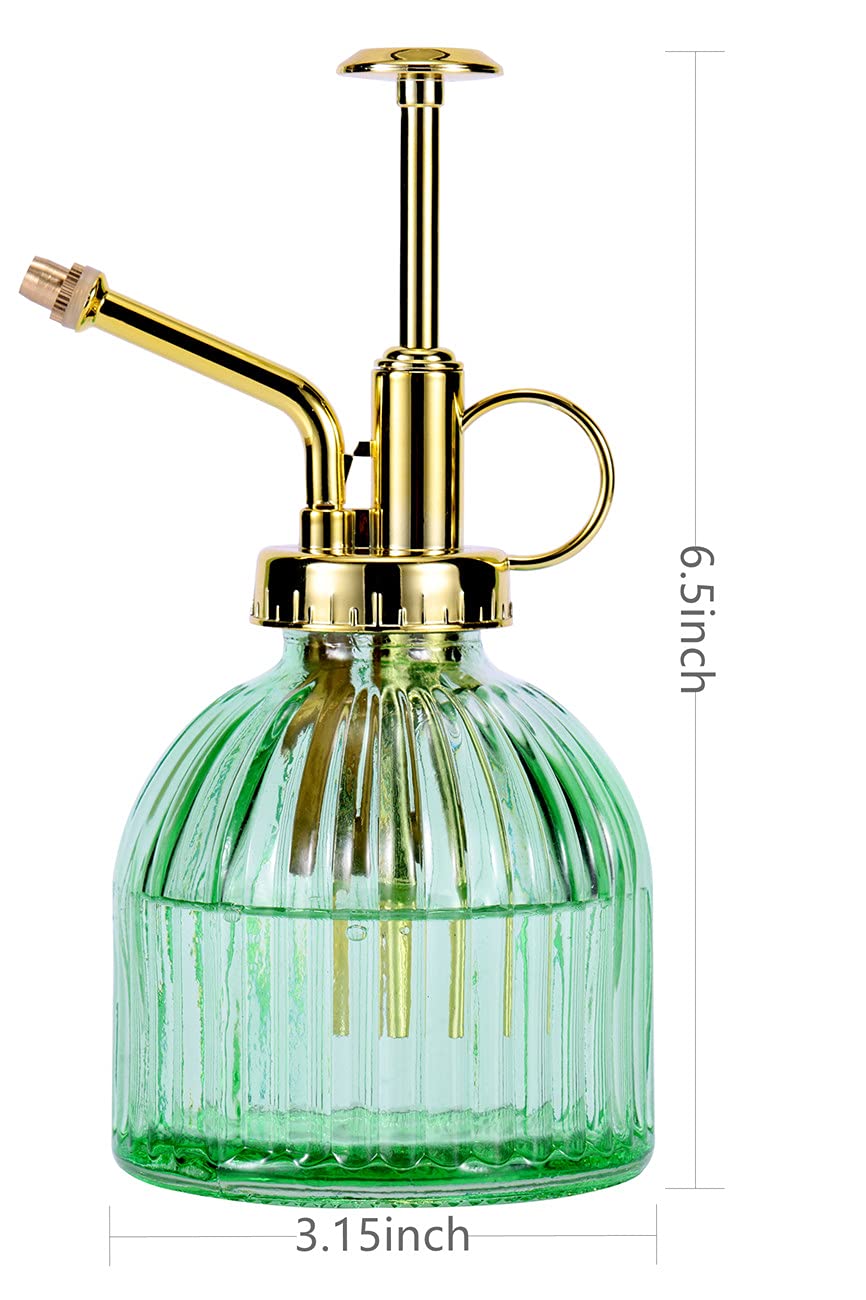 Aebor Glass Plant Mister Spray Bottle, 6.5" Green Glass Water Spray Bottle with Gold Top Pump Small Watering Can, Small Plant Sprayer Mister for Indoor Outdoor House (Green+Gold A)