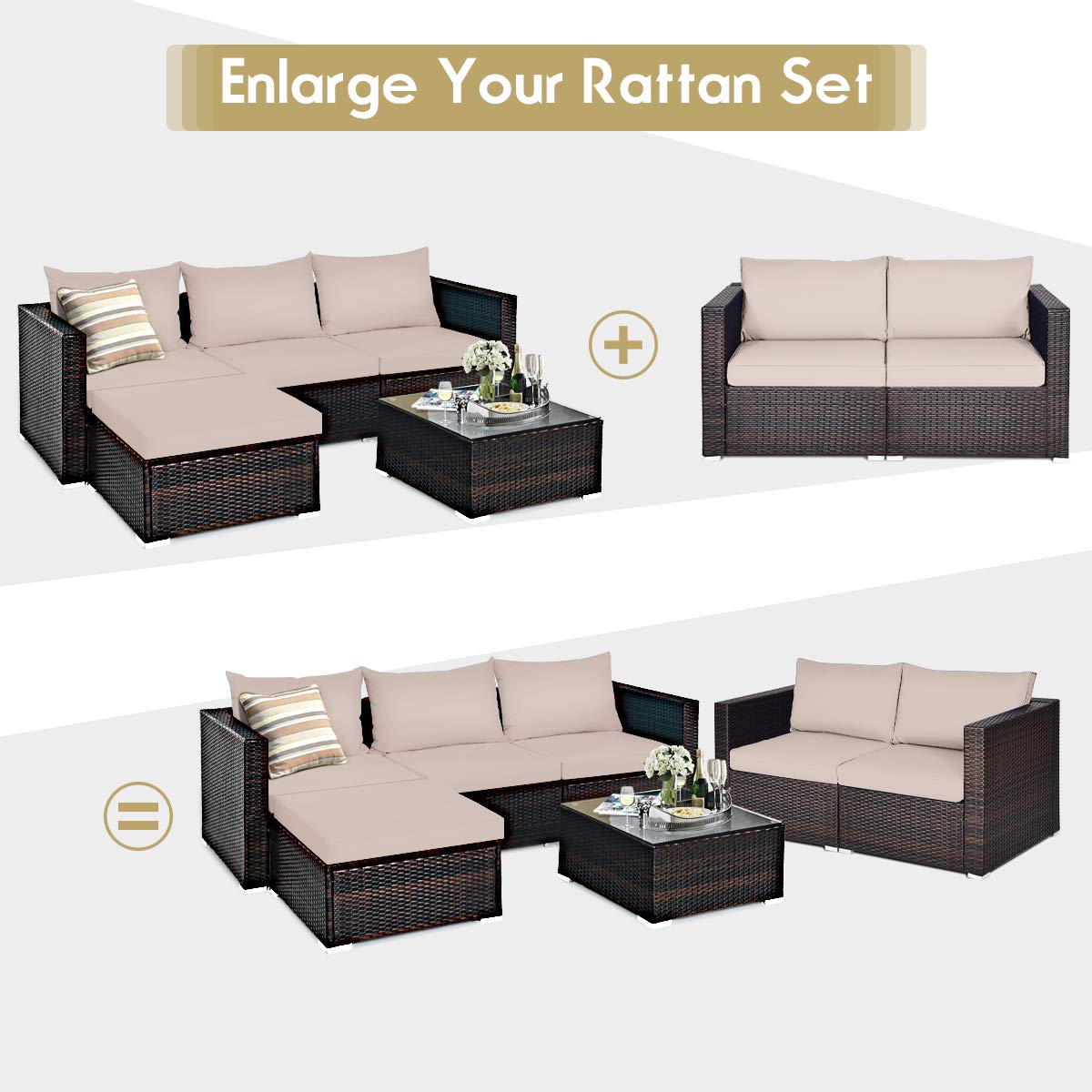 Tangkula Wicker Loveseat 2 Piece, Patio Furniture Couch with Removable Cushions, Rattan Loveseat Sofa for Balcony, Deck, Garden and Poolside