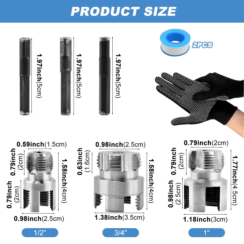 3Pcs Pipe Threading Tool,PVC Pipe Threader Kit,Dual-Function Internal & External Pipes Threading Tool for 1/2",3/4",1" Plastic Pipes,with 2 rolls PTFE Tape & 1 pair Gloves,for Home Repair