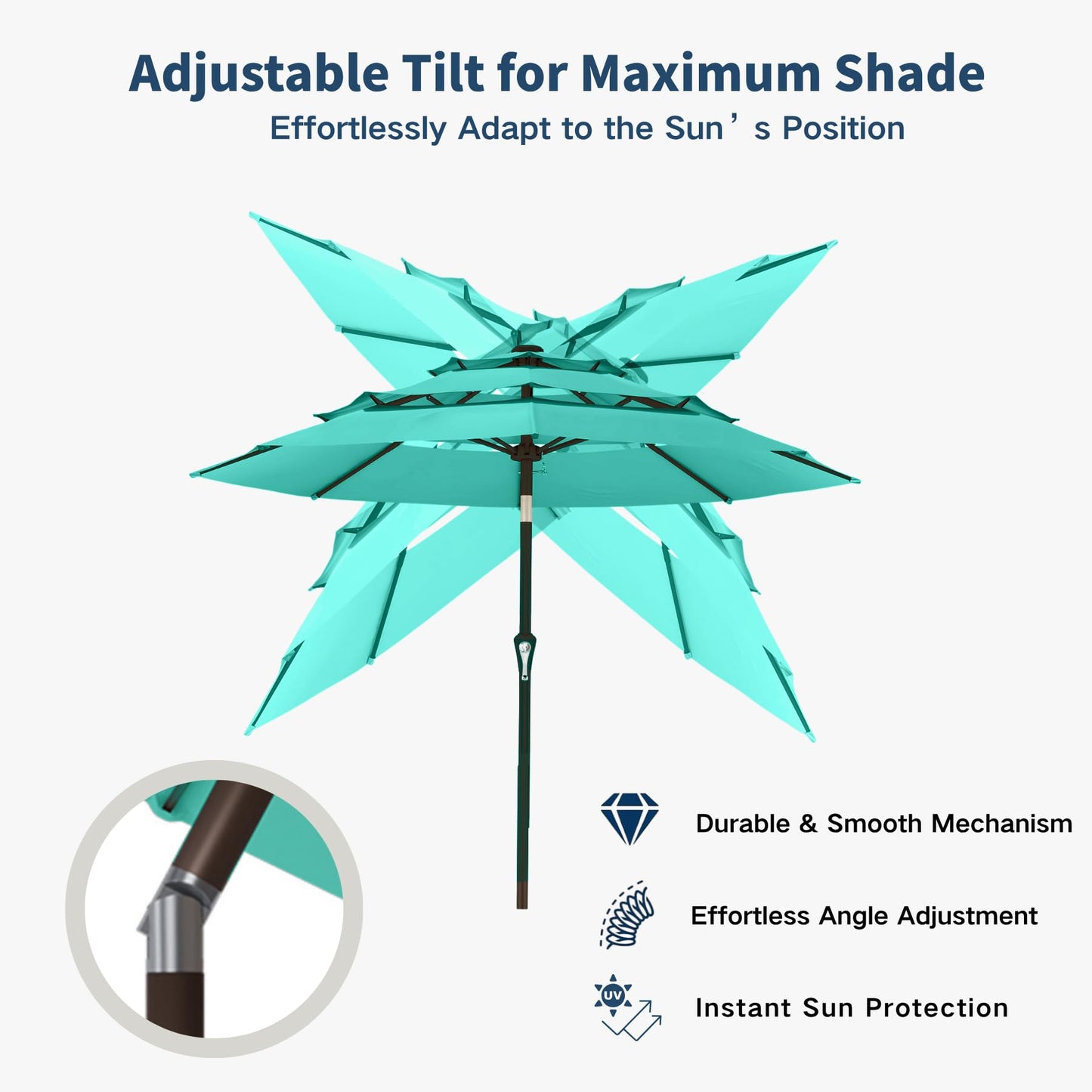 Patio Kingdom 10FT Patio Umbrella 3 Tiers Outdoor Market Umbrella w/Push Button Tilt, Crank, UV and Waterproof Table Umbrella for Garden, Pool, Backyard, Deck, Lawn, Turquoise Blue