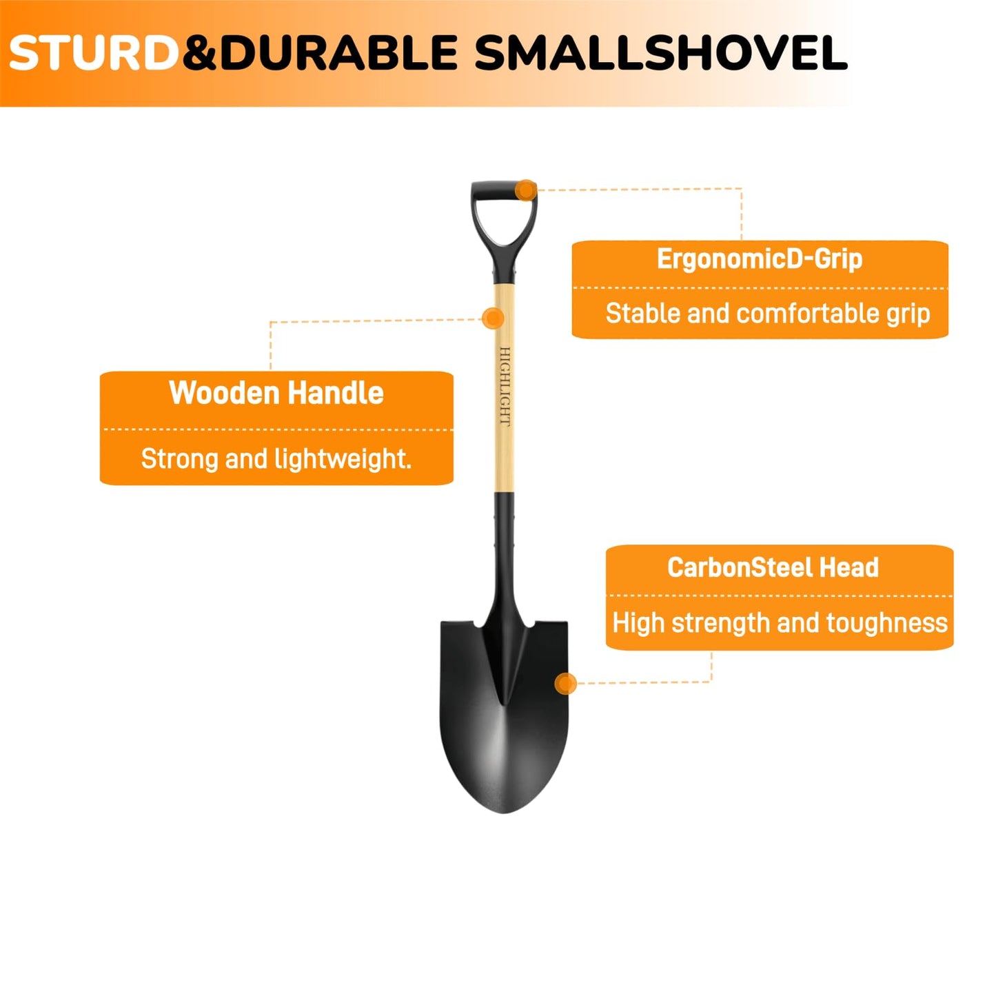 HIGHLIGHT Shovel for Digging,Round Shovel, Garden Tool with D-Handle, 41 Inches in Overall Length, Wooden Handel Garden Shovel for Beach, Car, Snow