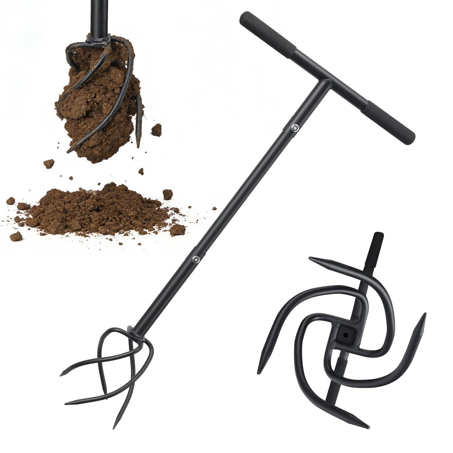 BeBecome Hand Tiller for Gardening, Manual Garden Claw Cultivator with 4 Sharp Curved Steel Tines, Twist Tiller Soil Loosener, Rotary Handheld Tiller for Yard Lawn Weeding