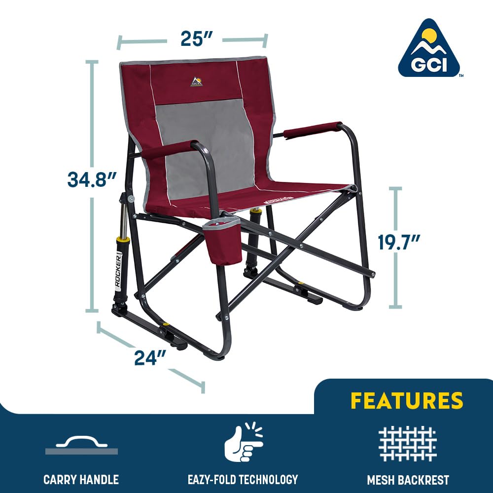 GCI Outdoor Freestyle Rocker Camping Chair | Portable Folding Rocking Chair with Solid, Durable Armrests, Drink Holder & Comfortable Backrest — Grey