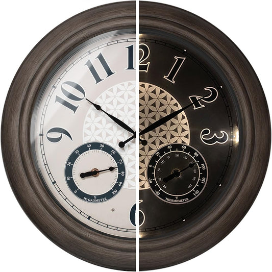 Presentime & Co. 18 Inch Illuminated Outdoor Clock, Waterproof Lighted Large Wall Clock with Thermometer & Hygrometer, Elegant & Vintage Home Decor for Garden, Patio, Pool, Grey Oak Finish