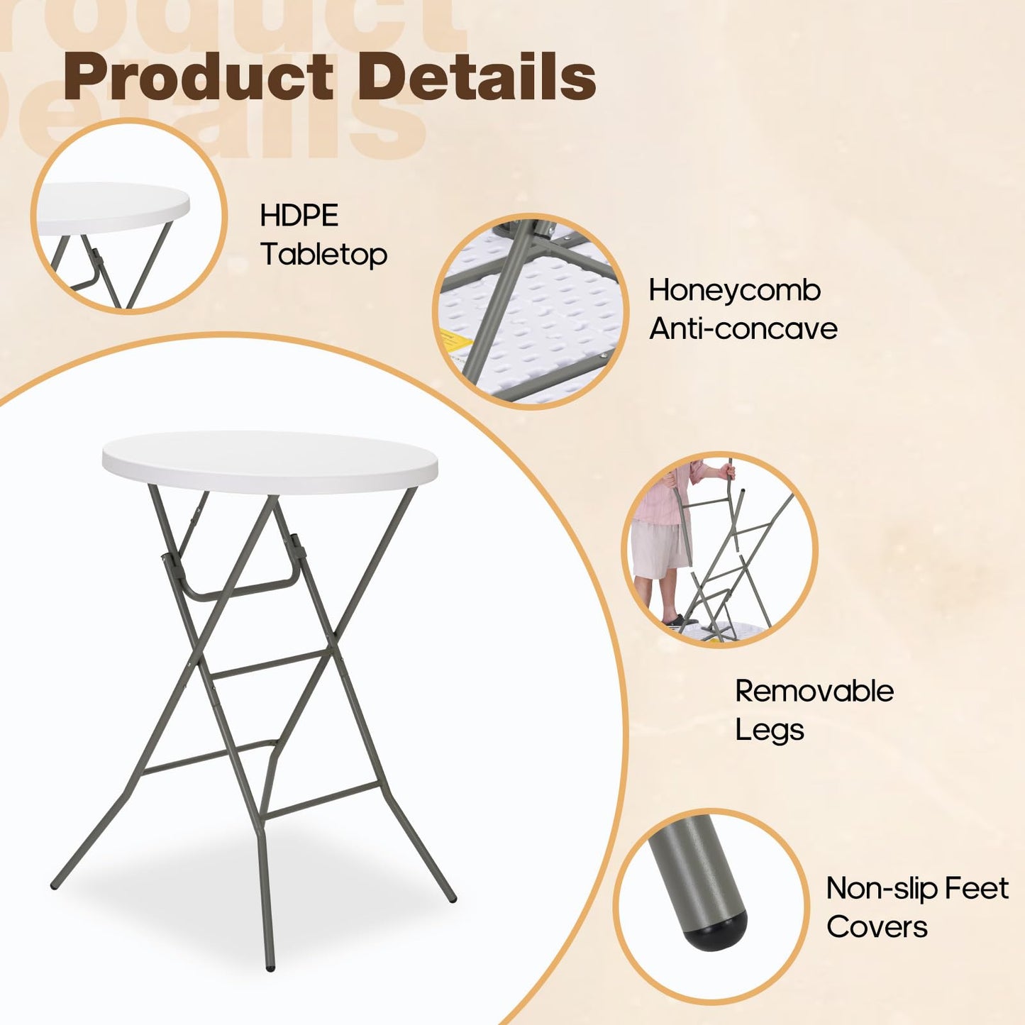 GlowitLian 32" Round Folding Table, Portable Bar Height Folding Table with Detachable Legs, Round Foldable Table with HDPE Top for Standing Parties, Balcony, Event, Indoor Outdoor Use (White, 1 Pack)