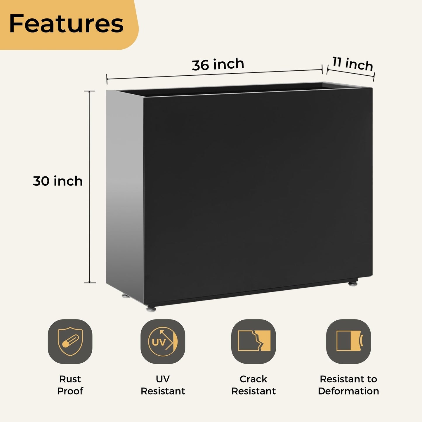 Foresland 30-Inch Tall Elevated Metal Planter, 36Wx11Dx30H Outdoor Planter Box with Removable Partition & Adjustable Feet, for Patio, Yard, Deck, Easy Assembly & Drainage Holes, Black