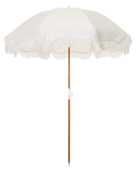 Business & Pleasure Co. Holiday Umbrella - Boho Beach Umbrella with White Fringe, UPF 50+, 1" Tilting Wood Pole, 5’ x 6.5’, Antique White
