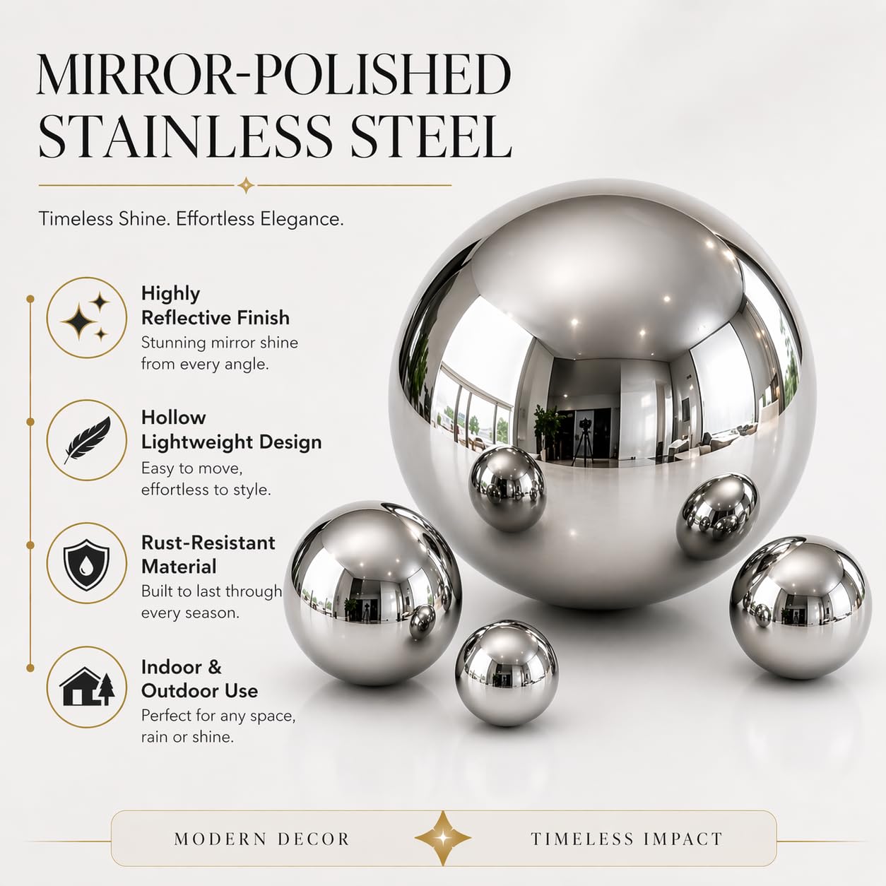 Nerien Gazing Ball, Stainless Steel Garden Mirror Globe, Polished Ornament Sphere, Hollow Floating Reflective Hemisphere, for Home Outdoor Pond Housewarming Swimming Pool Decoration, Silver, 5Pcs Mix