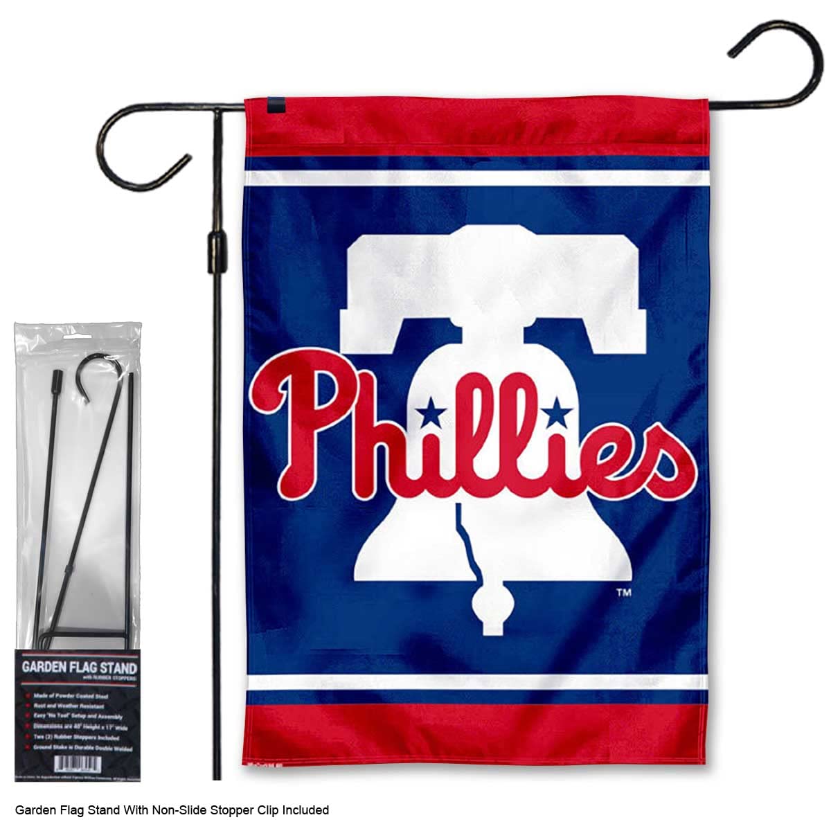 Phillies New Bell Garden Flag with Stand Holder Flagpole