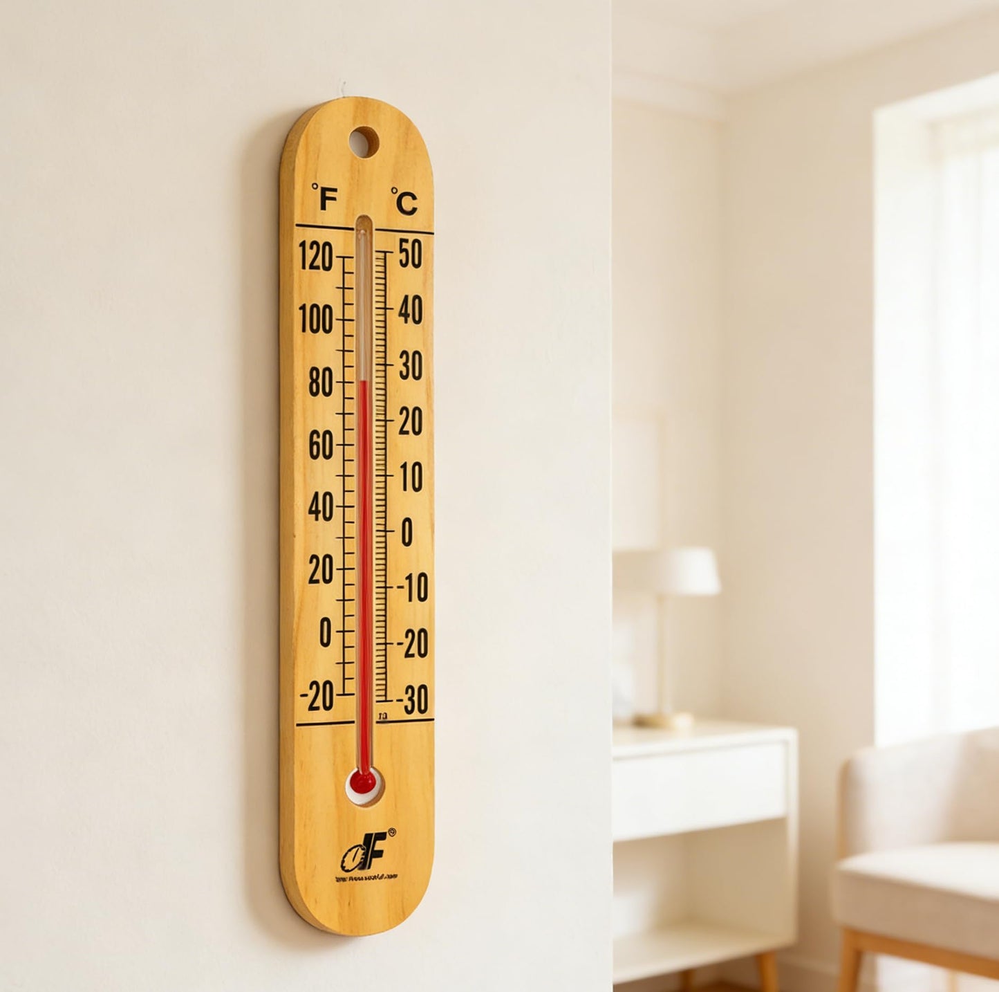 Large 10.5 Inch Vertical Wood Thermometer for Indoor & Outdoor Use, Wide Range -20°F to 120°F / -30°C to 50°C, Battery-Free with Dual Fahrenheit & Celsius Scale,Weather Resistant, Easy to Hang