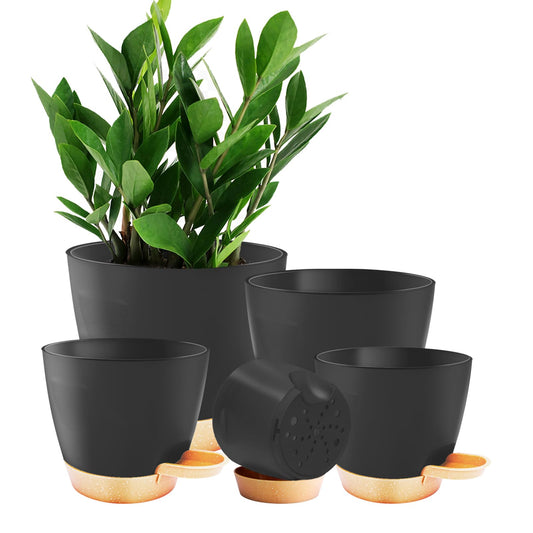 5-Pack Plant Pots with Drainage for Winter Care 7/6.5/6/5.5/5 Inch, Self Watering Pots for Indoor Plants, Planters for Indoor Outdoor Plants, Plastic Flower Pot, Planter for Indoor Outdoor (Black)