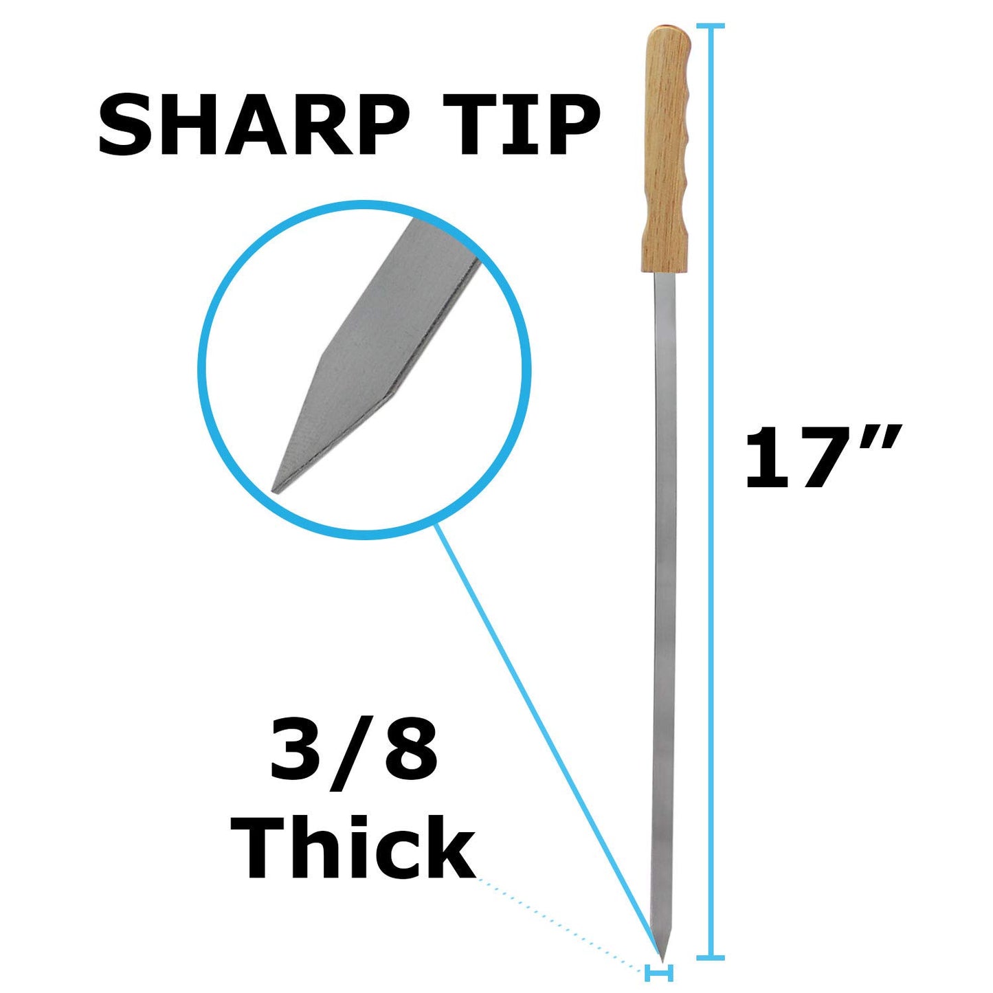 Blue Brazilian Skewers - 17 Inch Stainless Steel Kabob Skewers with Wooden Handle, 12 Pack BBQ Grilling Accessories