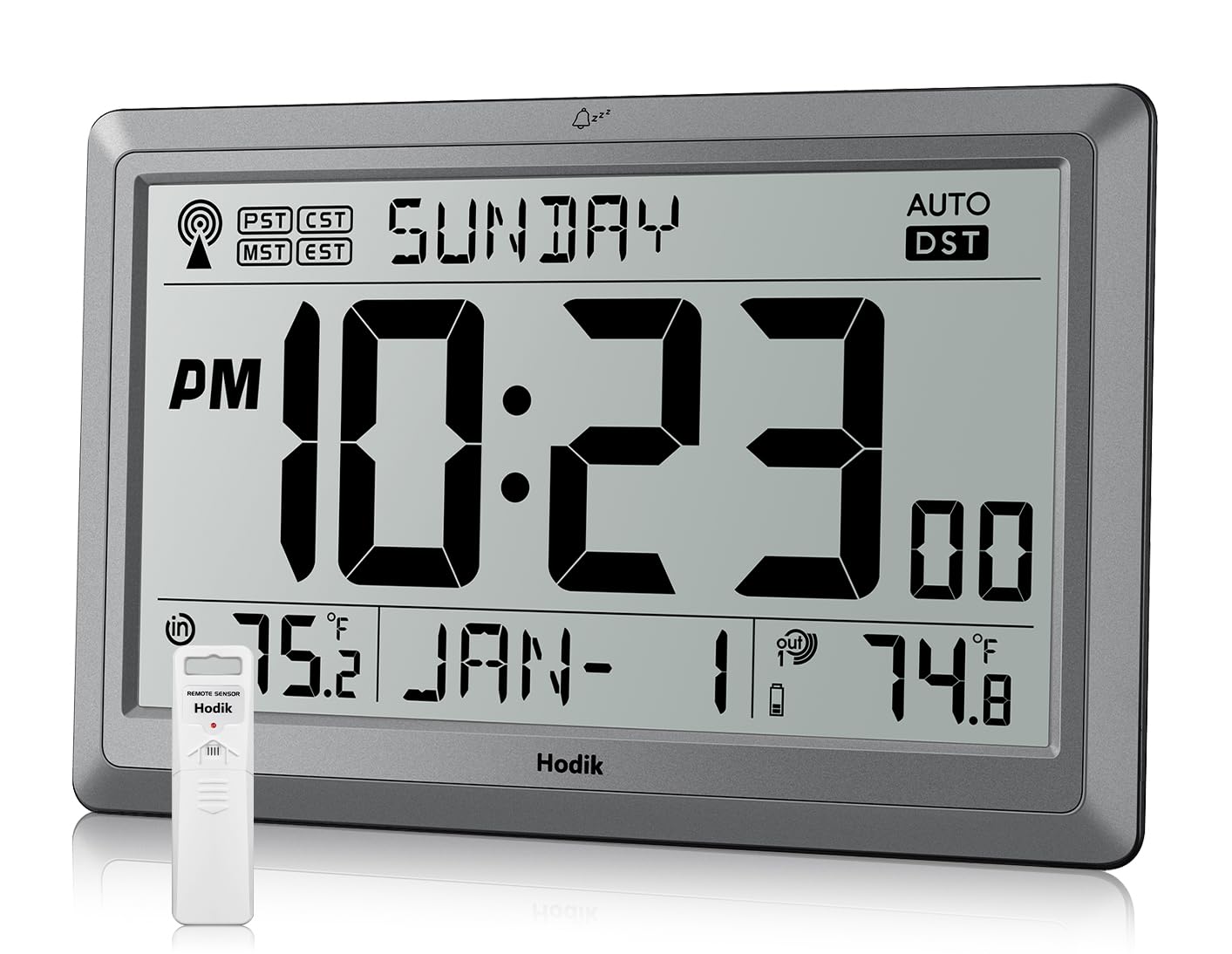 HODIK Wall Clock Atomic with Indoor Outdoor Temperature Battery Powered, Easy Reading with 10.5 Inch LCD Display, 330FT Range Table Wall Clock with DST, 12/24 Hour for Living Room Kitchen (Silver)