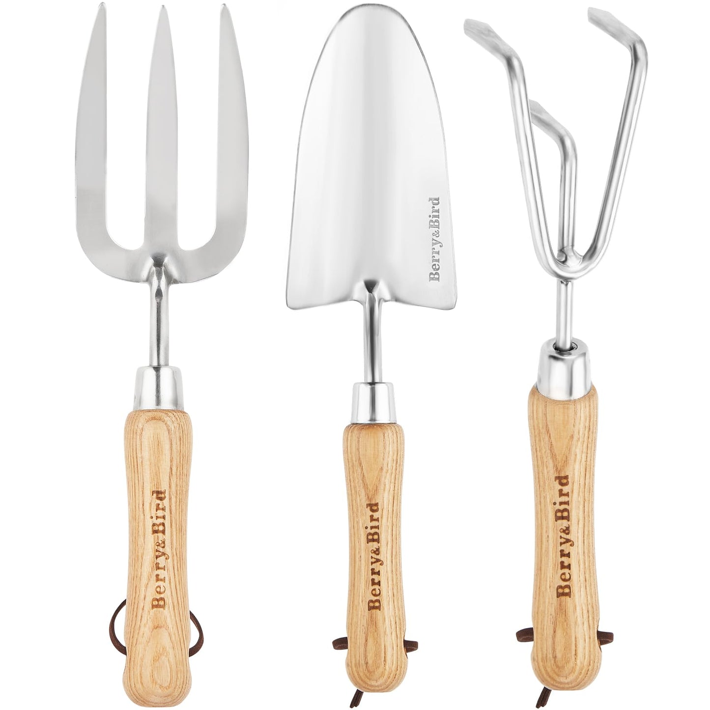 Berry&Bird Garden Tool Set 3 Pieces Stainless Steel Heavy Duty Gardening Kit Includes Hand Trowel, Hand Cultivator and Hand Fork with Wood Handle for Weeding Transplanting Digging, Ideal Garden Gifts