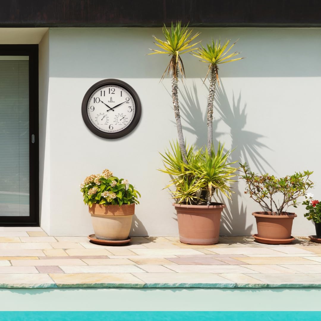18 inch Outdoor Clocks for Patio Large Waterproof with Thermometer - Black Indoor Outdoor Clock with Temperature and Humidity for Wall - Weatherproof, Accurate & Easy to Read for Pool, Patio & Garden