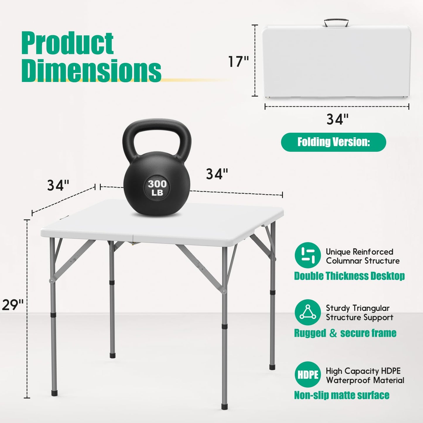 HLPB 34'' Square Folding Card Table, Fold-in-Half Portable Dining Table with Handle and Safety Lock, Foldable Plastic Dining Table Indoor Outdoor for Camping, Picnic and Party Event, White