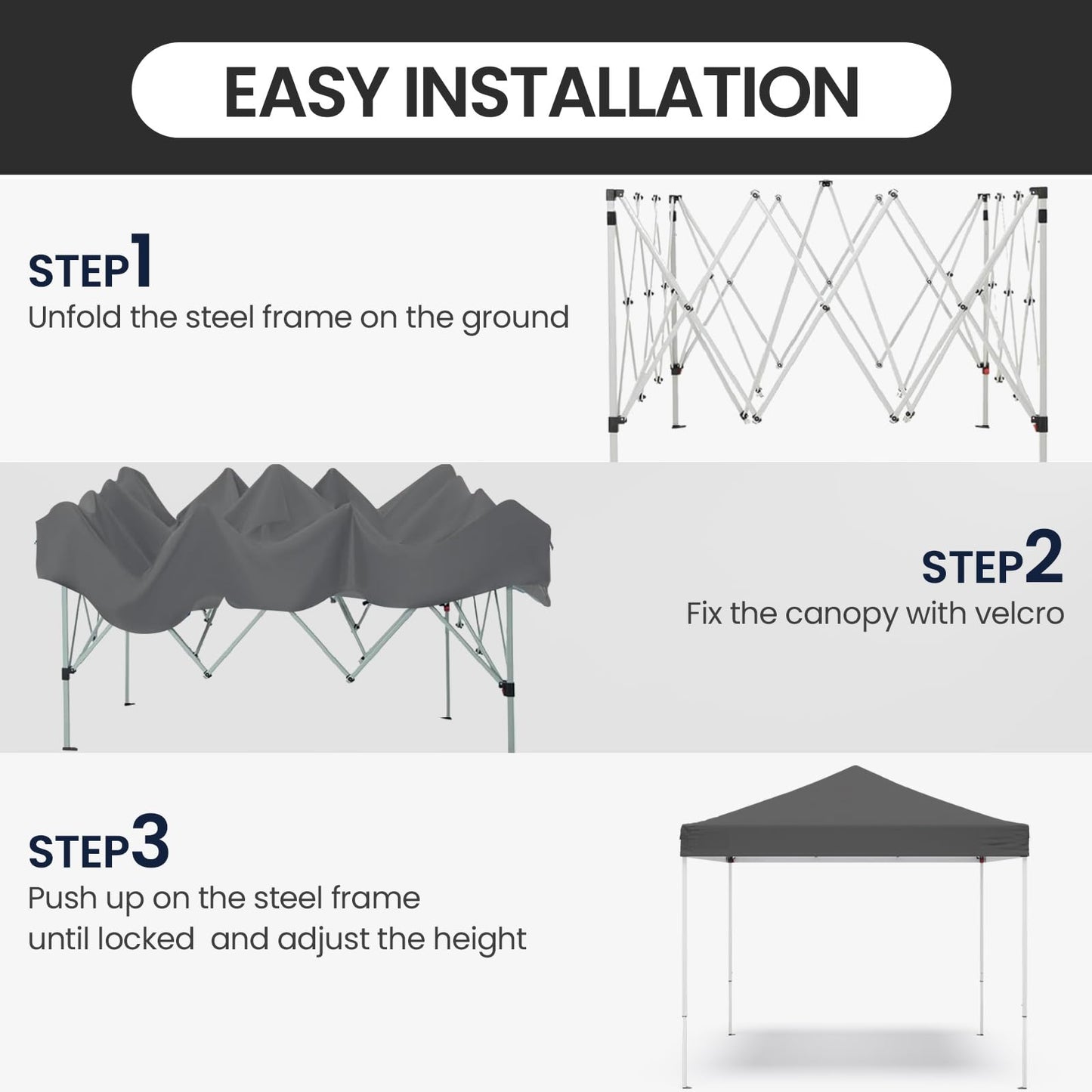 PHONWHON Shades 10x10 Pop Up Canopy, Heavy Duty Beach Tent with Carrying Bag for Easy Moving, Sun Shelter for Parties, Events, Camping, Outdoor Gazebo with 420D PU Coated Waterproof Grey Fabric