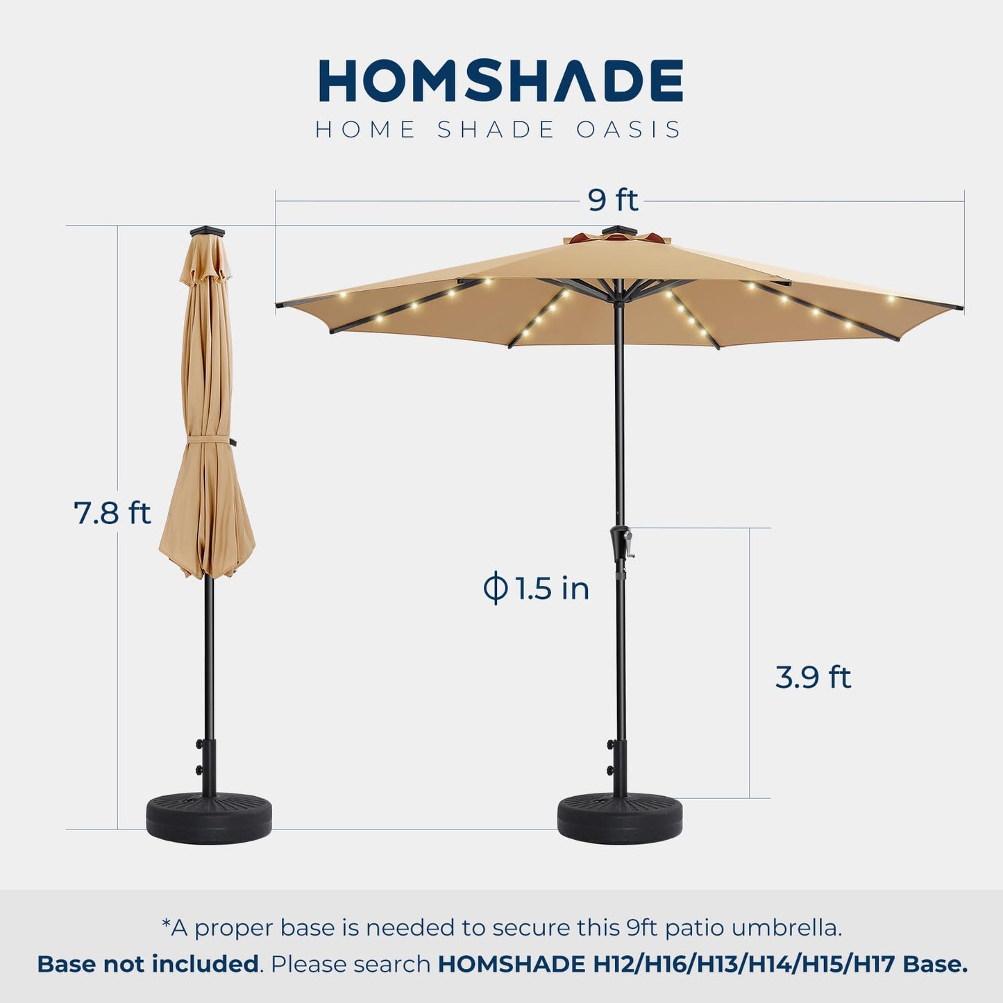 HOMSHADE 9ft Solar Patio Umbrella - Solar Lights LED Lighted Outdoor Market Table Umbrella, UPF50+ UV Protection with Push Button Tilt, Crank for Pool Deck and Garden (Beige)