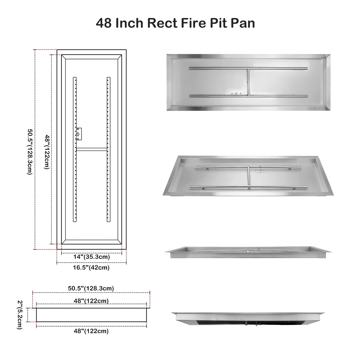Stanbroil 48 x 14 Inch Rectangular Drop-in Gas Fire Pit Burner with Spark Ignition Kit for DIY Fire Pit Project, Propane Gas Version, 185,000 BTU Max