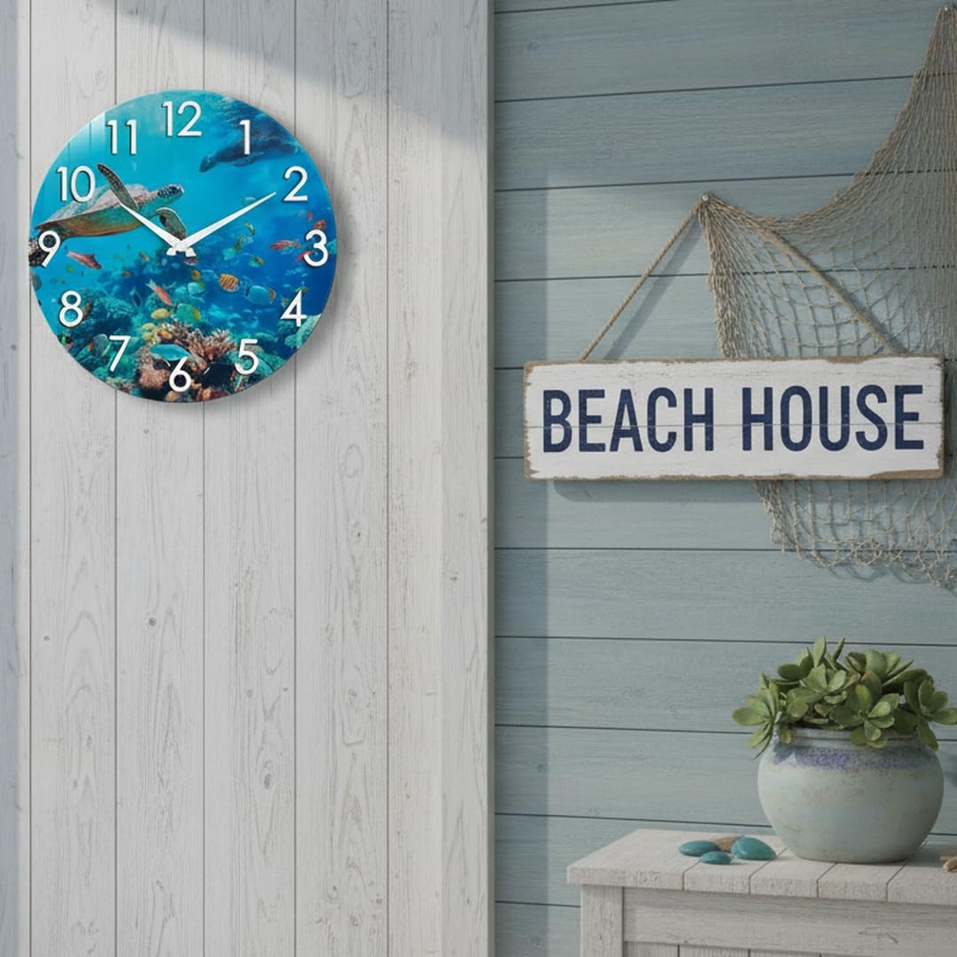 Crosstime Outdoor Clock Waterproof - 12" Sea Turtle Blue Ocean Beach Coastal Decor Indoor Outdoor Wall Clock for Patio, Pool, Garden, Backyard, Bathroom