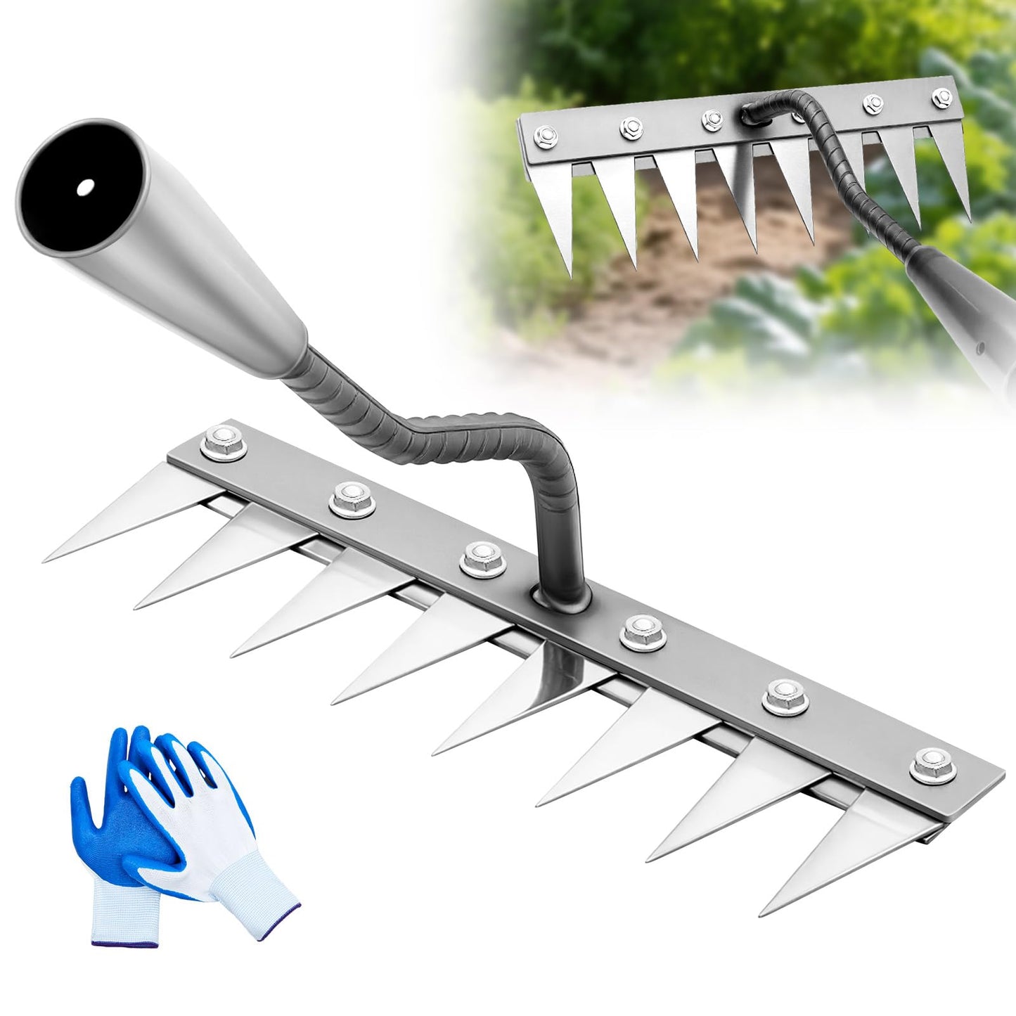 Oh Klyzo 8 Teeth Garden Weeding Rake Set, Heavy Duty Carbon Steel Garden Weed Puller Tool with Gloves for Weed Loosening Soil Leveling Thatch Rake, Sharp Blade, Quick Weeding, Without Handle