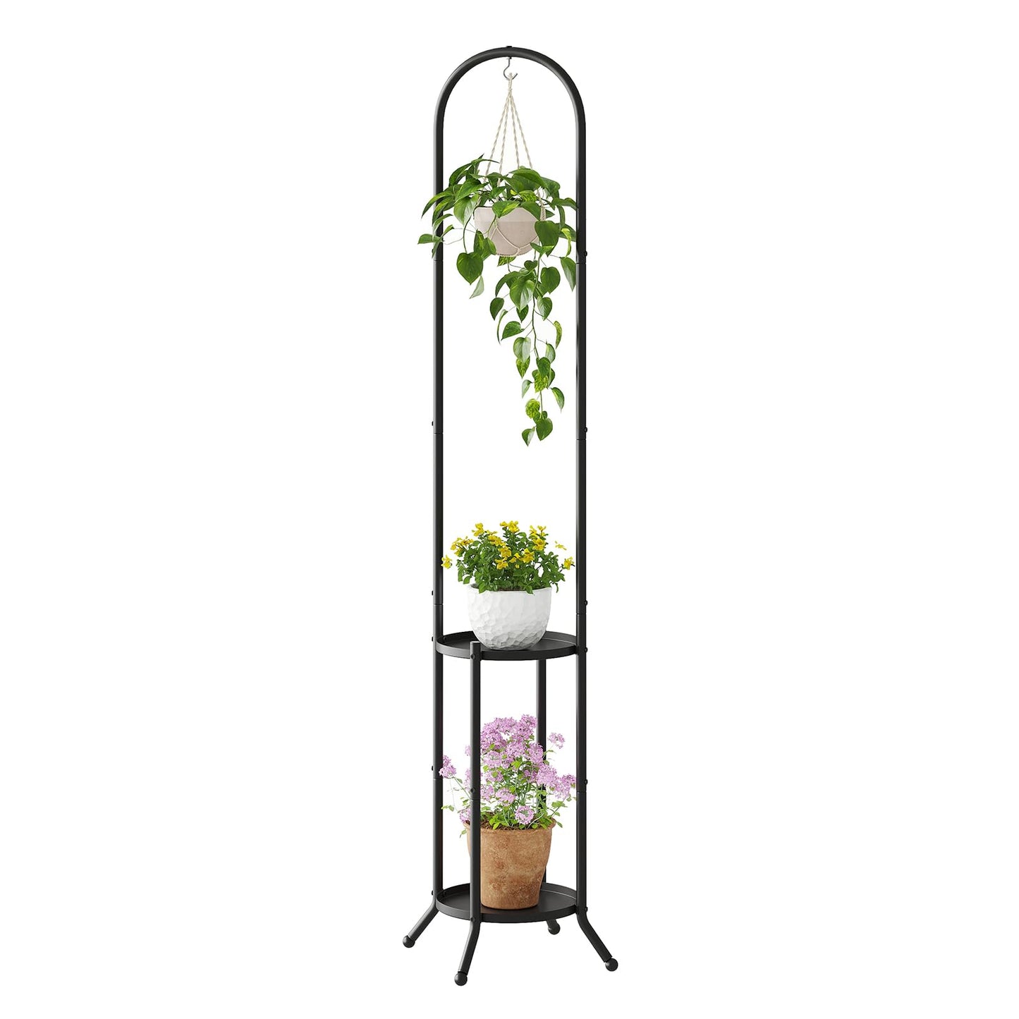 Wieghda Metal Plant Stand 2-Tier with Hanging Hook for Indoor Outdoor Plants,Sturdy Steel Plant Shelf Display Rack(Black)