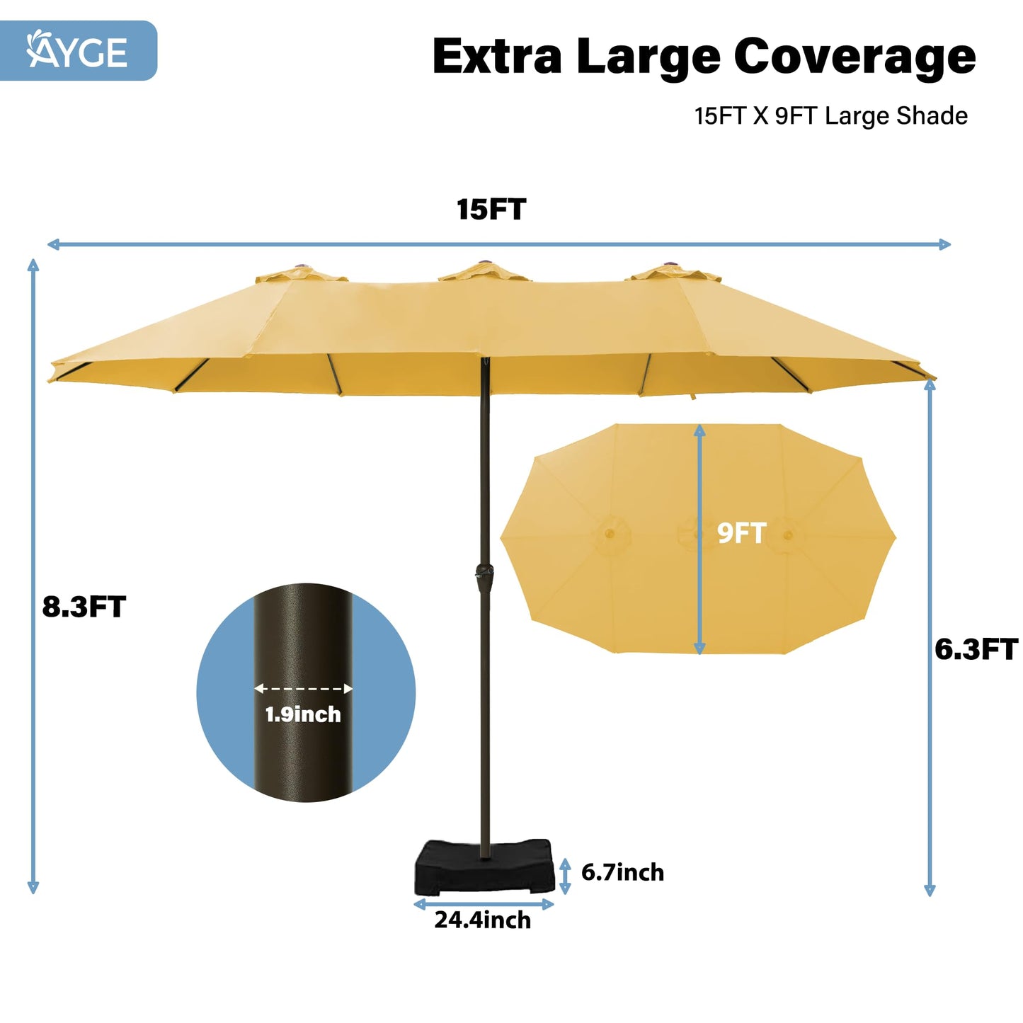 Ayge 15FT Patio Umbrella with Base,Large Outdoor Double-Sided Rectangle Umbrella with Crank Handle, Market Umbrella for Poolside Garden Deck Backyard Beach Pools,Yellow