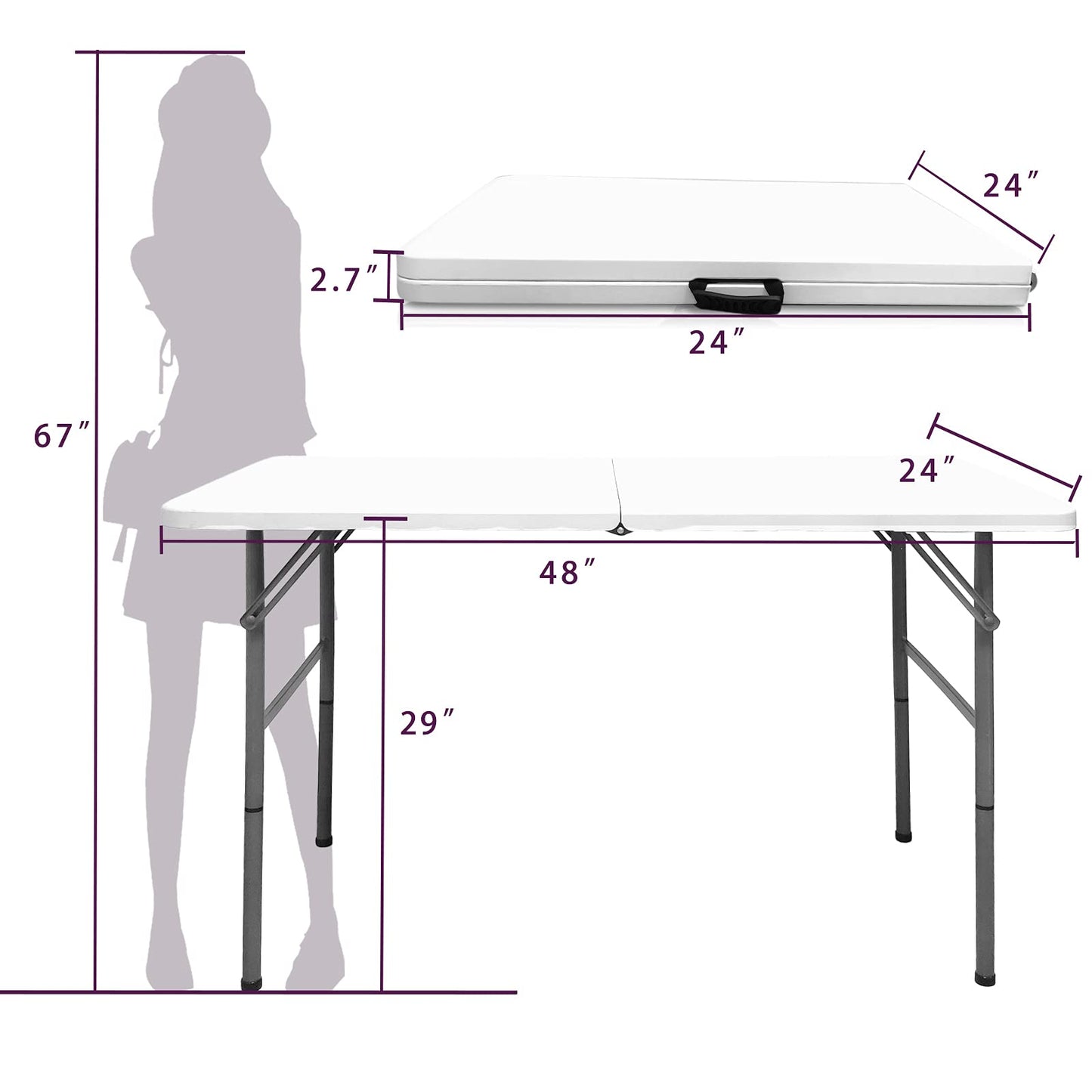 Gocamptoo Folding Table,4ft Indoor Outdoor Heavy Duty Portable Folding Square Plastic Dining Table w/Handle, Lock for Picnic, Party, Camping (4 FT) …
