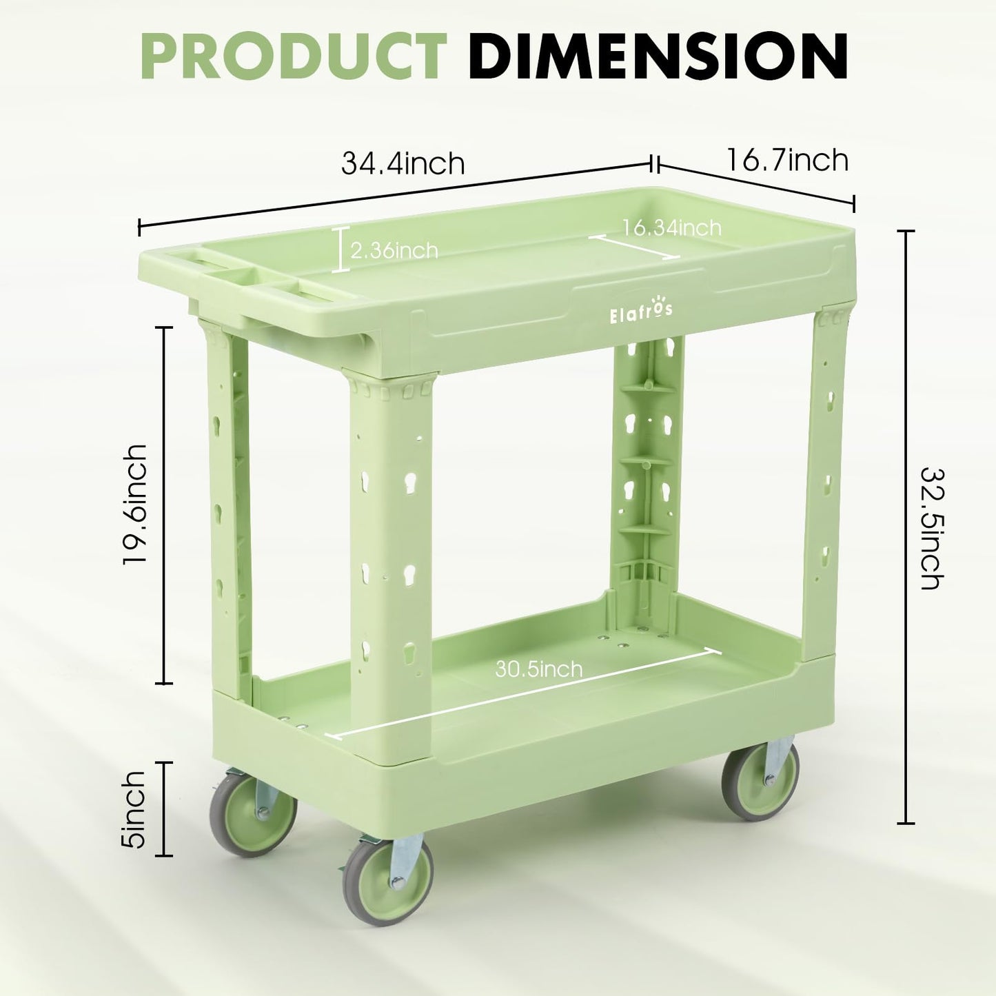 ELAFROS 2-Tier Plastic Utility Cart with Deep Tub Shelves, 34 x 17 in Rolling Work Cart, Swivel Casters, 550 lbs Capacity, Pistachio Green
