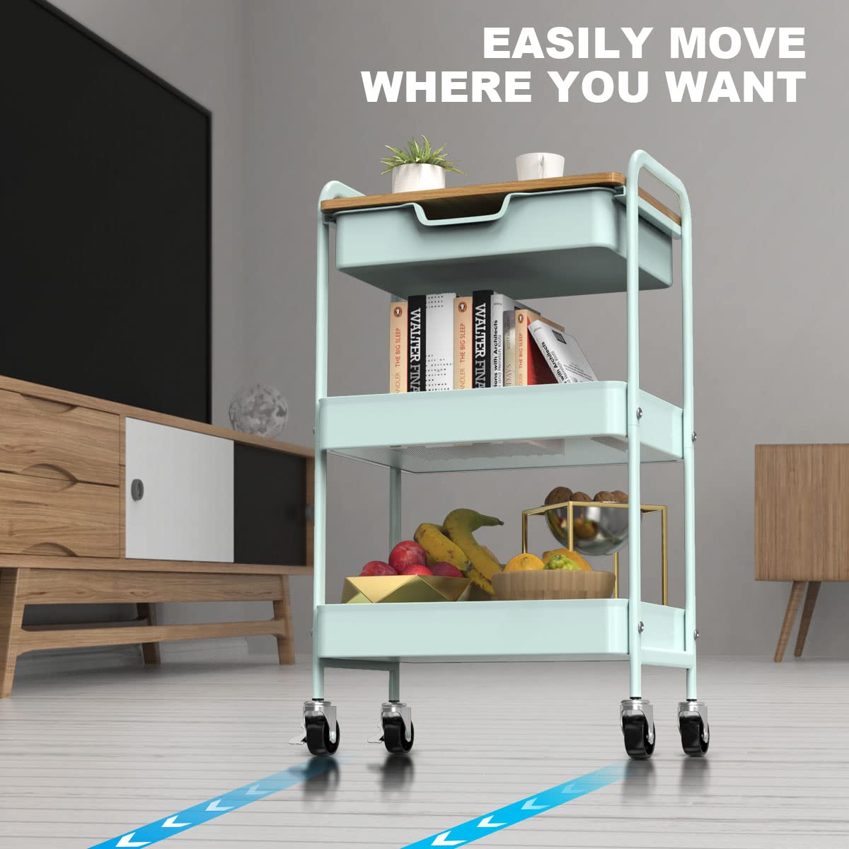Aratan 3 Tier Rolling Cart, Utility Cart with Drawer and Table Top, Metal Rolling Kitchen Storage Organizer Cart with Handle and Locking Wheels for Bathroom Office Balcony Living Room