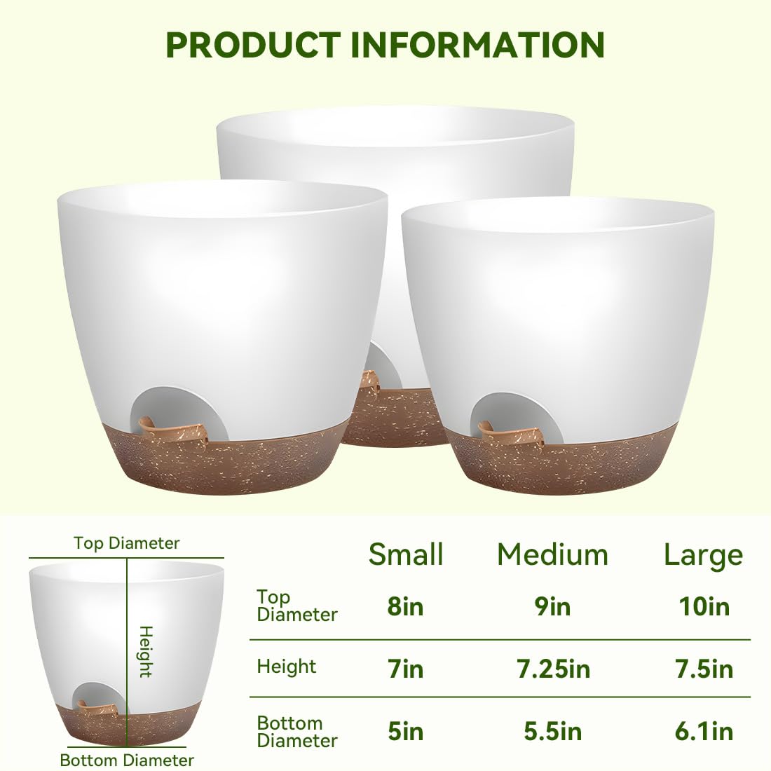 Nuotuv 8/9/10 Inch Large Self Watering Pots, Plastic Flower Pots with Multi Mesh Drainage Holes and Water Level Indicator & Deep Reservoir for Indoor Outdoor Garden Plants and Flowers (White)