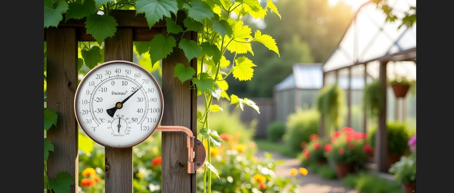 Dunuo 4" Brass Outdoor Thermometer with Humidity, Analog Wall Mount Temperature Gauge, Decorative for Patio, Garage, House, Greenhouse, Window, Antique Bronze, No Battery