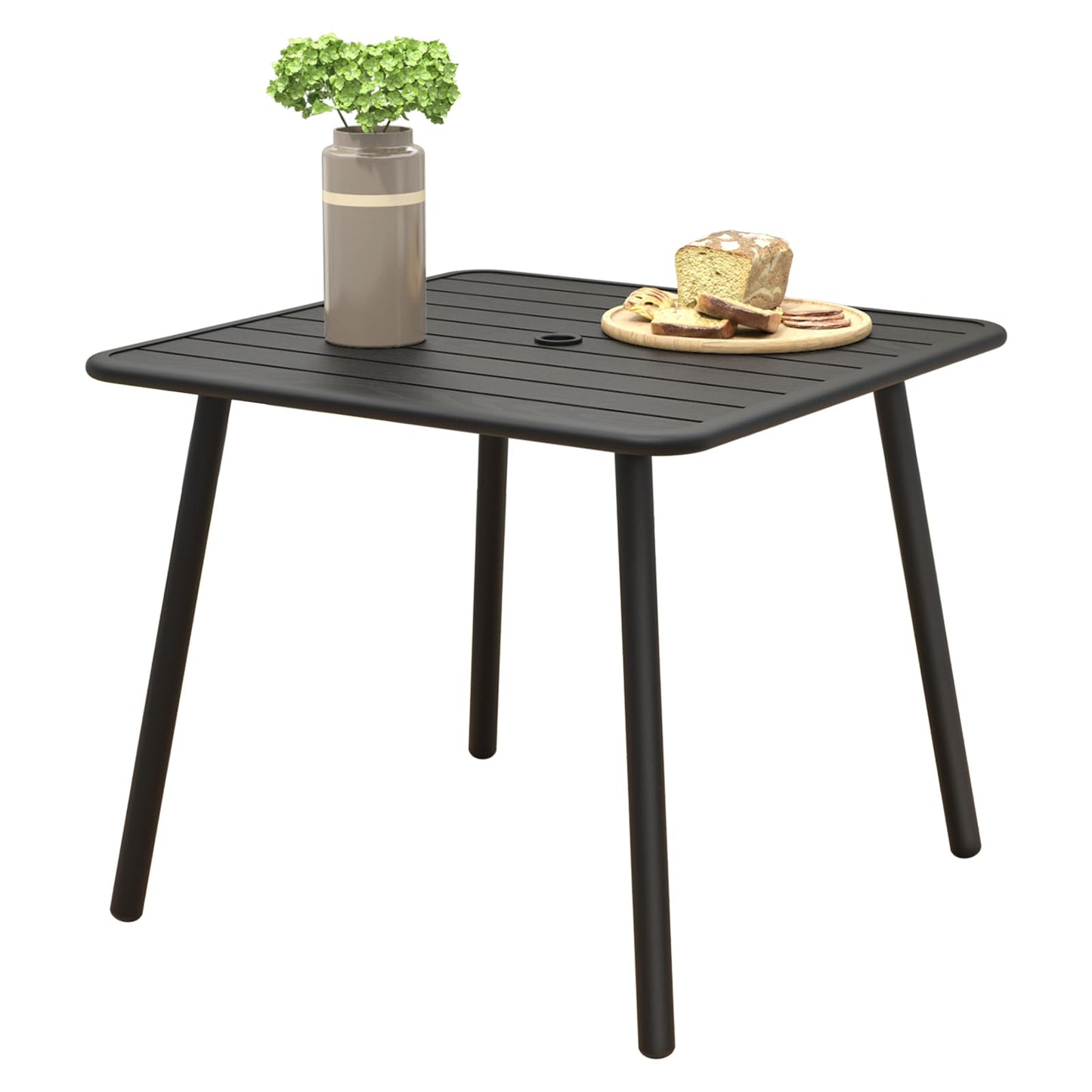 C-Hopetree Square Metal Outdoor Dining Table with Umbrella Hole for Outside Patio, Black
