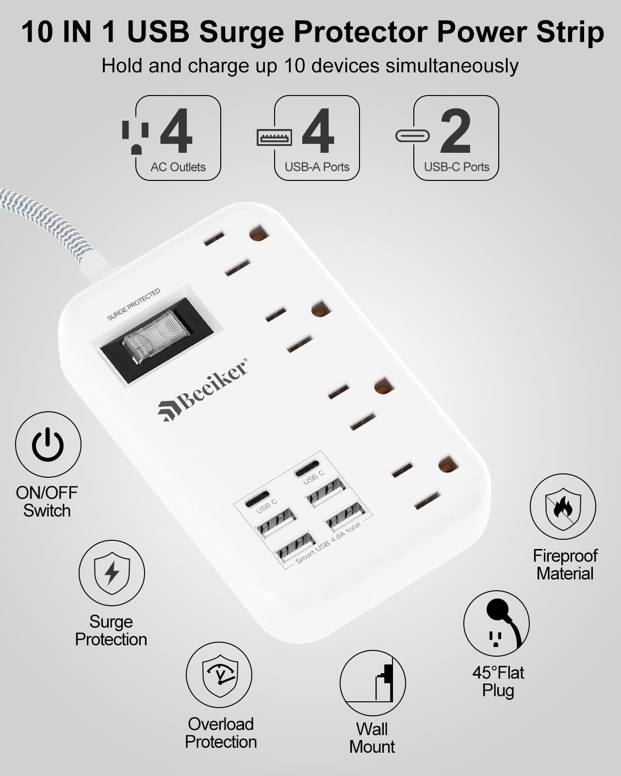 6 USB(2 USB C) Surge Protector Power Strip- 5Ft Travel Power Strip with 4.8A USB Charging Station and 4 Extendable Outlet, 13A Flat Plug Braided Extension Cord with Wall Mount for Travel Office Dorm