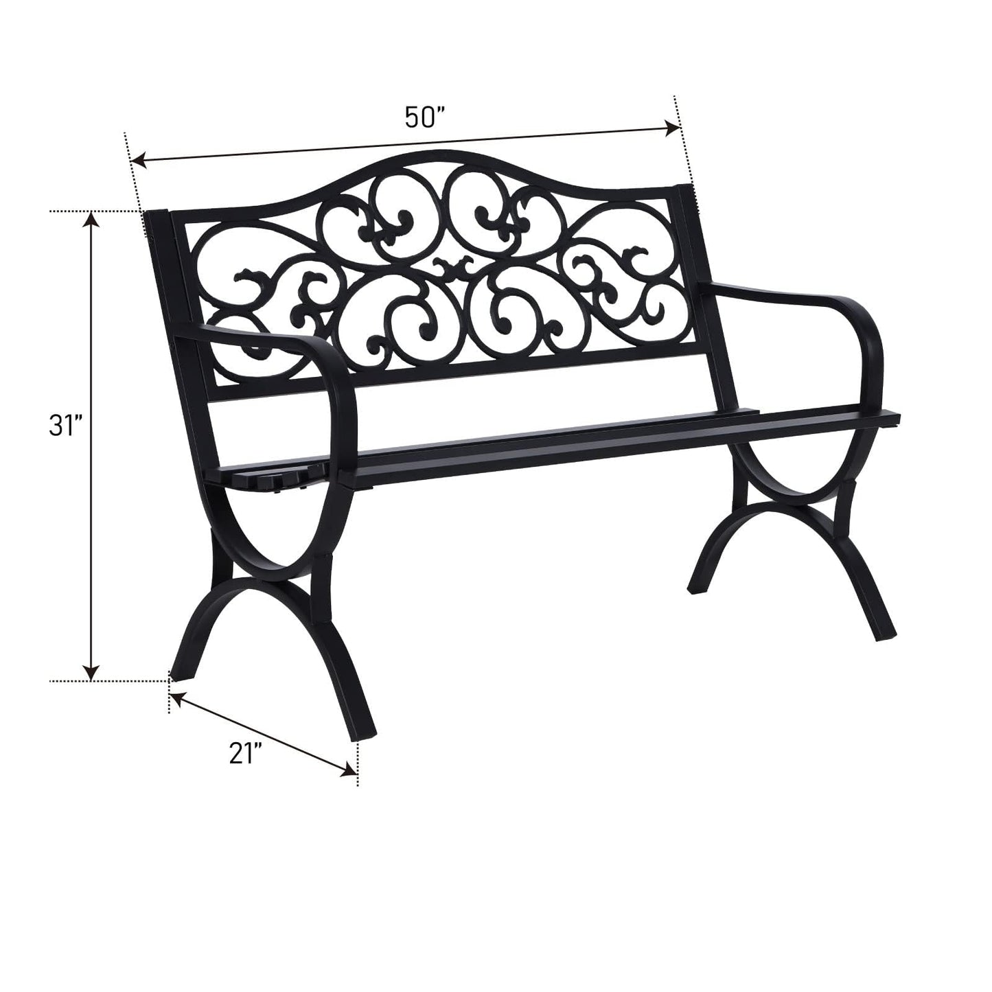 MFSTUDIO Outdoor Metal Bench Set of 2, 50 Inches Outdoor Garden Bench, Cast Iron Metal Frame Patio Park Bench with Floral Pattern Backrest, Arch Legs for Porch Lawn Yard, Black