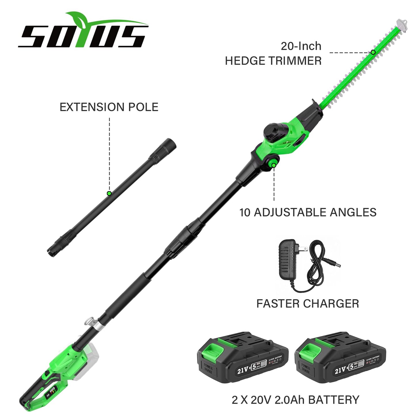 SOYUS Pole Hedge Trimmer Cordless, 18-inch Electric Hedge Trimmer with Extension Pole, 16-Foot Max Reach, Multi-Angle, 2 * 2.0Ah Batteries and Charger Included